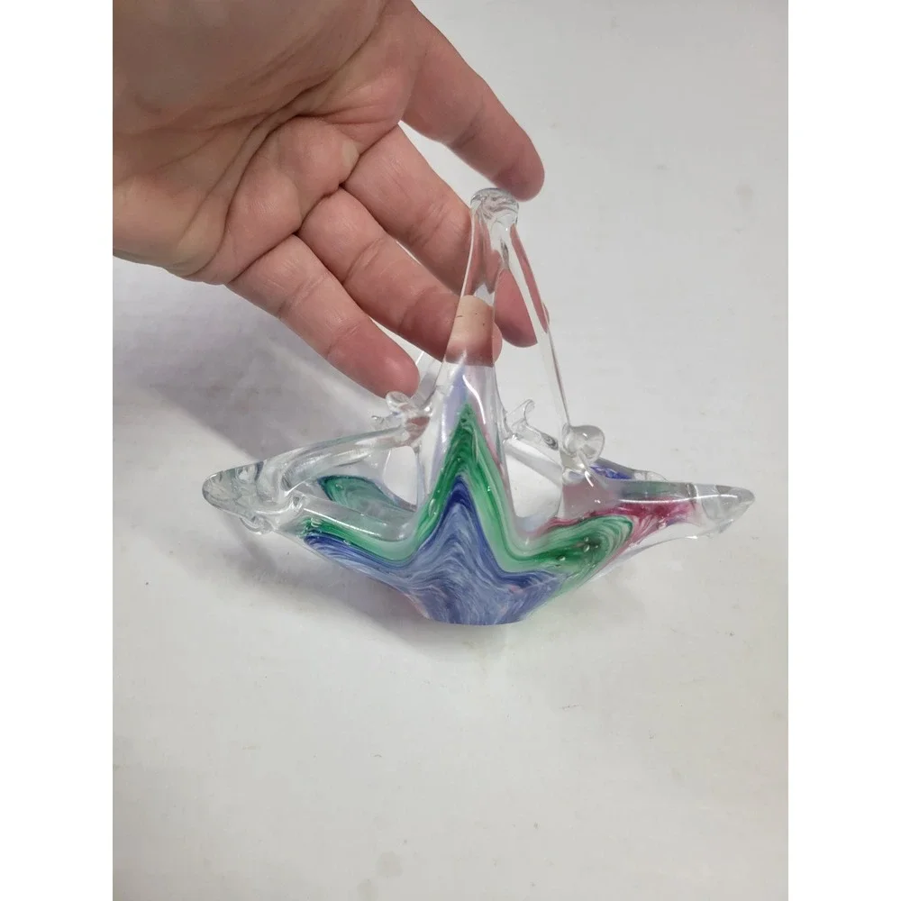 Vintage Art Glass Basket Swirl Murano Hand Blown Star Base 5.5 Inch